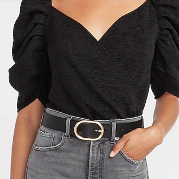 NWT - Express Textured Puff Sleeve Wrap Front Thong Bodysuit - Medium - Picture 1 of 13